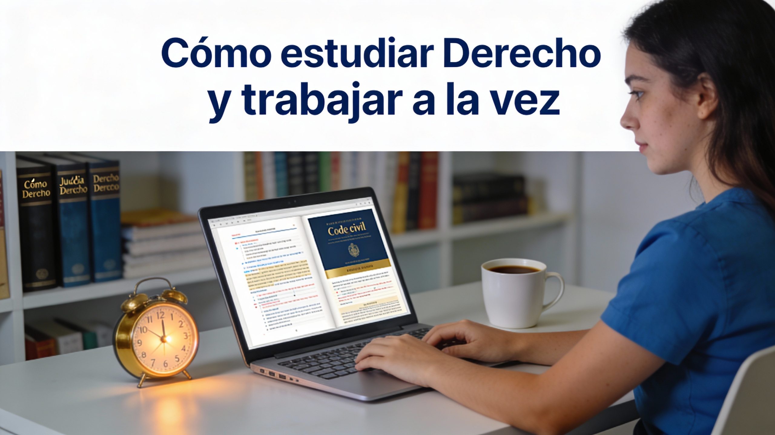 Estudiante de Derecho estudiando con portátil y libros mientras trabaja a la vez