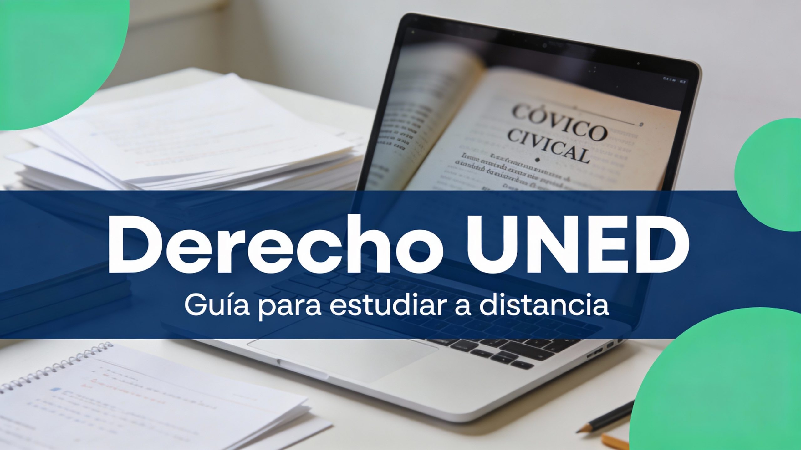 Estudiante de Derecho en la UNED estudiando a distancia con portátil y apuntes