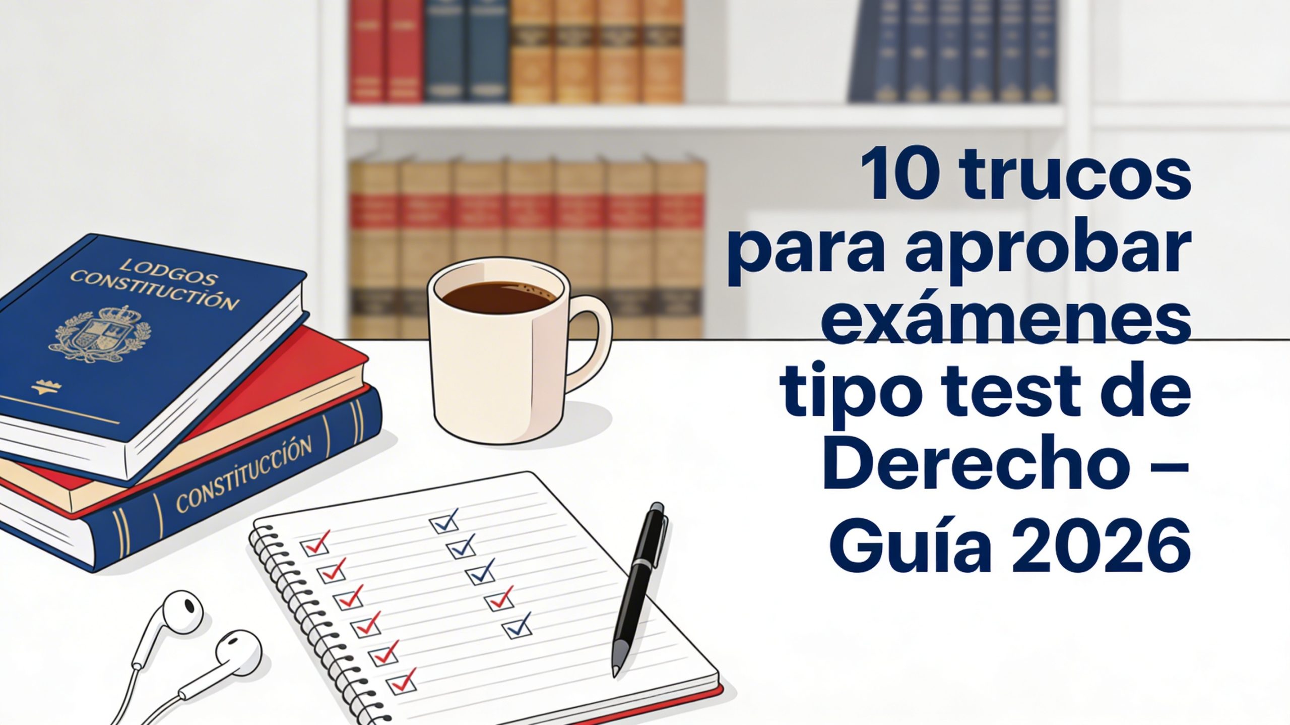 Estudiante de Derecho estudiando exámenes tipo test con códigos legales y cuaderno sobre un escritorio, guía 2026 para aprobar exámenes tipo test de Derecho