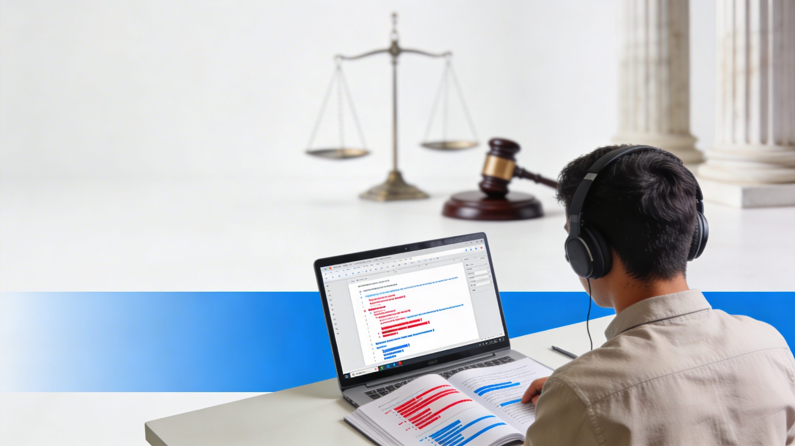 como-aprobar-foje-a-la-primera-portada Estudiante de Derecho estudiando para aprobar FOJE a la primera con códigos y balanza de la justicia en el escritorio