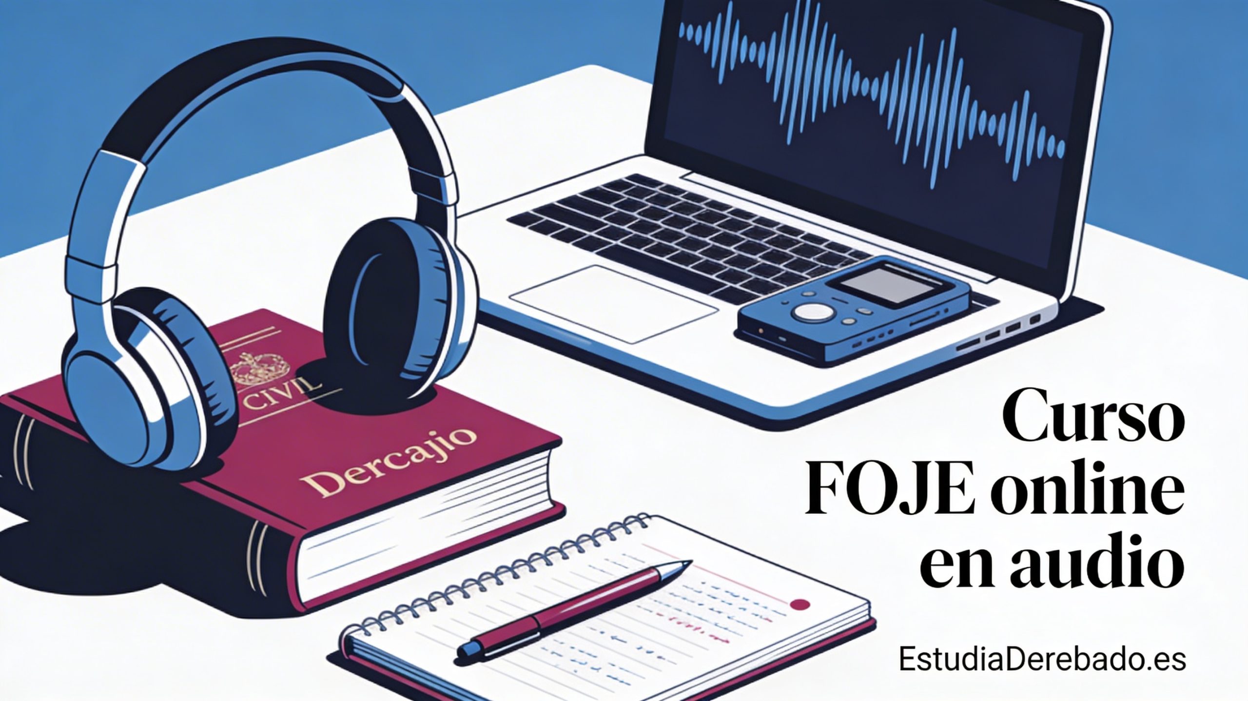 Portada del curso FOJE online en audio con auriculares sobre un libro de Derecho, portátil y apuntes, para memorizar las fuentes del ordenamiento jurídico español en 2026