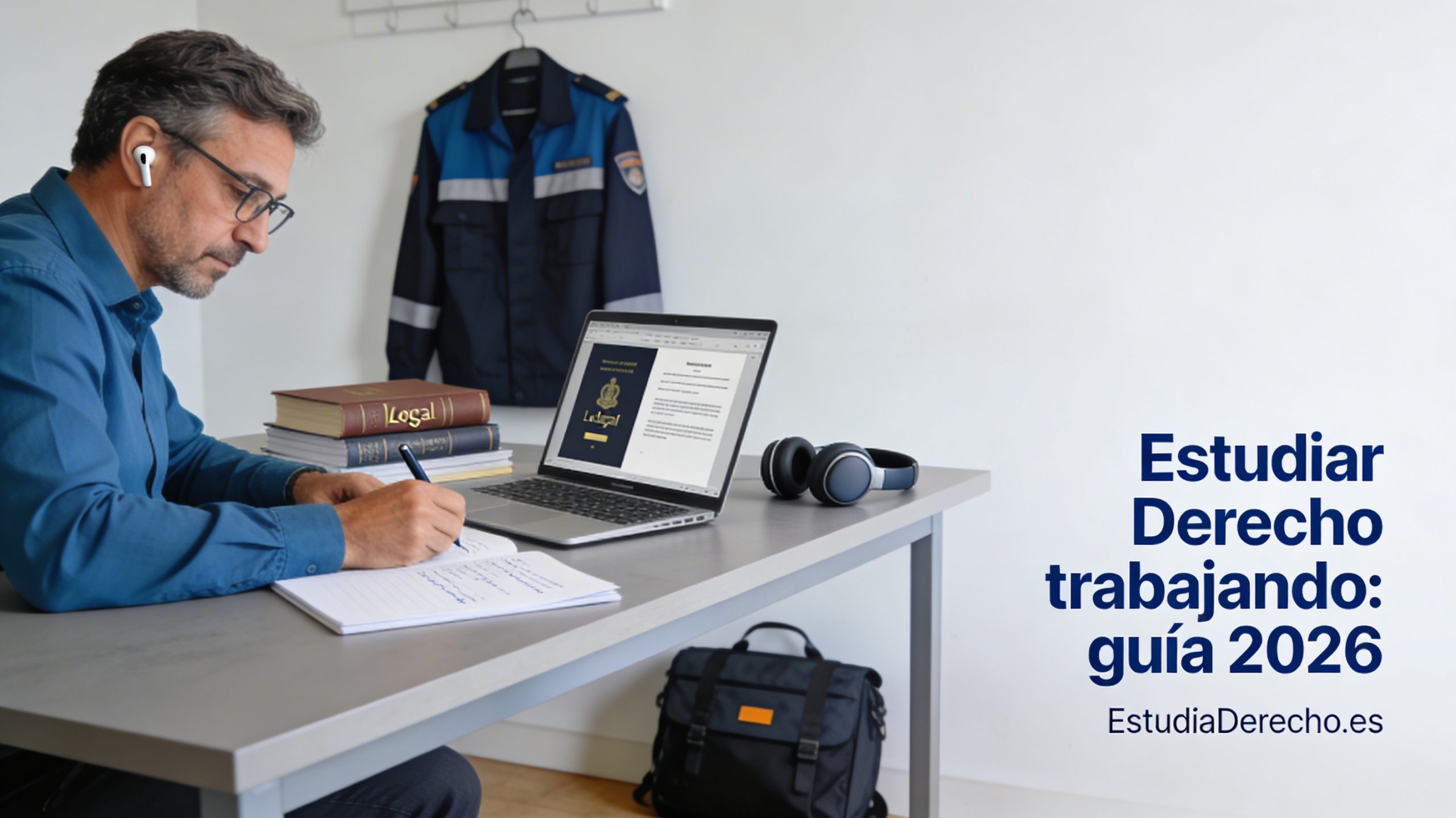 Estudiante de Derecho adulto estudiando con portátil, códigos legales y auriculares mientras compagina trabajo y estudio, guía 2026 para estudiar Derecho trabajando