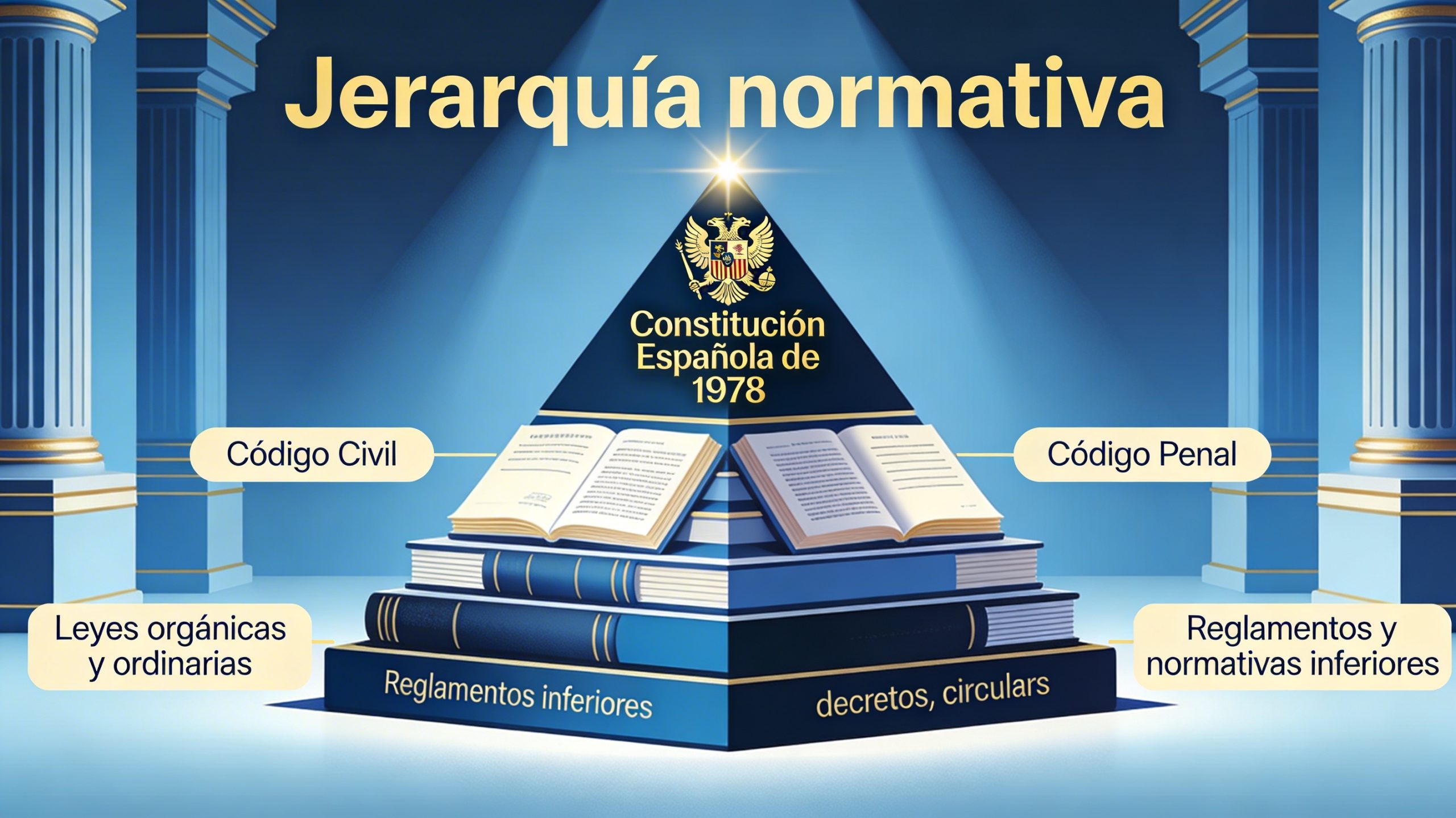 Pirámide de la jerarquía normativa española: Constitución en la cima, leyes y reglamentos explicados fácil para FOJE