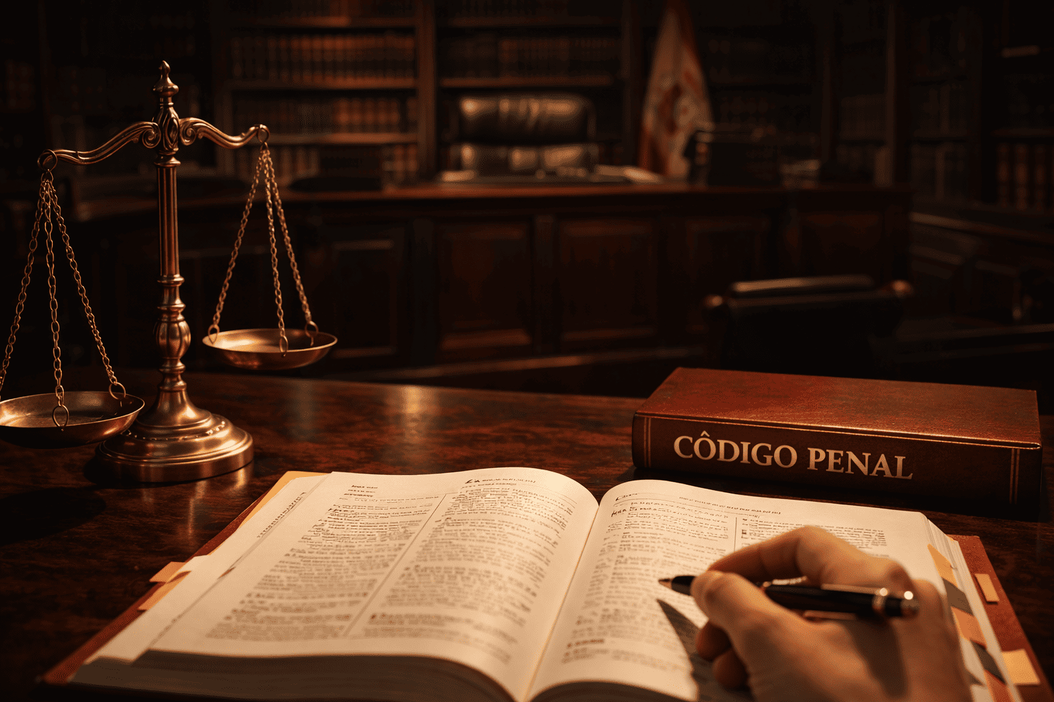 Codigo Penal espanol con balanza de justicia en tribunal dramatico