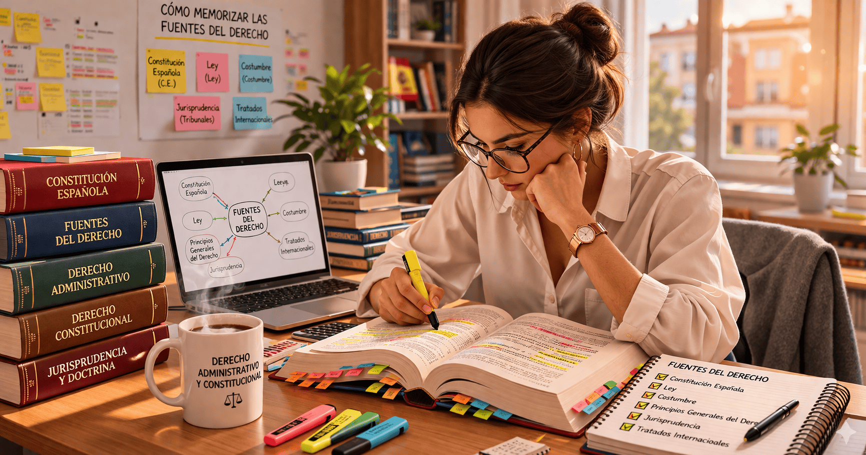 Estudiante memorizando fuentes del derecho para oposiciones con libros y esquemas